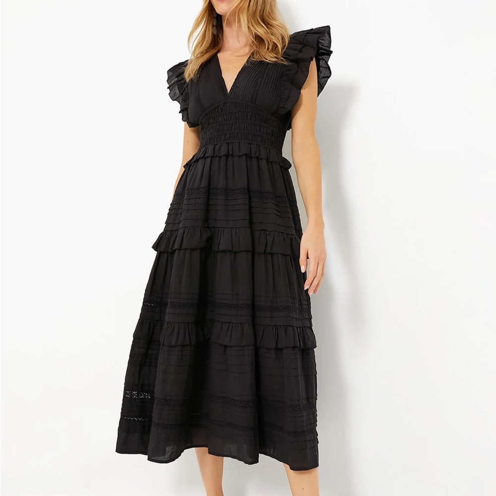 SEA NEW YORK Black Loren Solid Cambric Flutter Sleeve V-Neck Dress